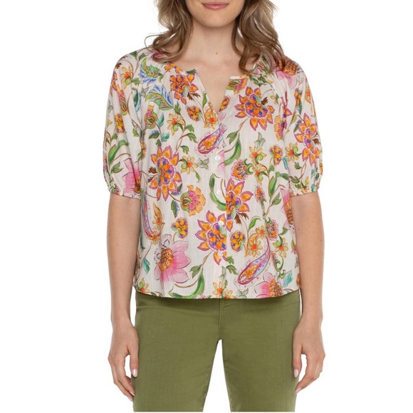 Liverpool Tops - Liverpool LA Shirred Floral Short Sleeve Button-Up Shirt